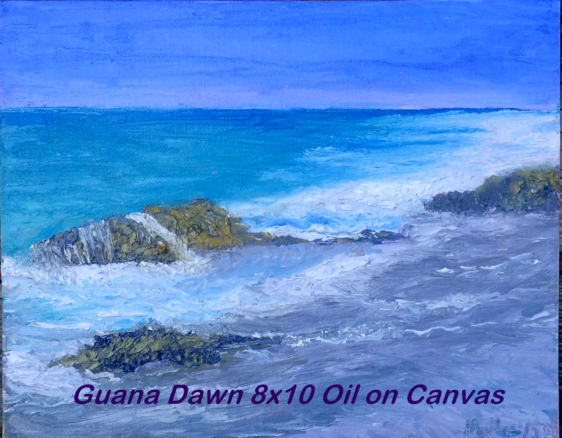 Original Oil Painting on canvas 8x10     A morning beach walk along the shore of Guana capturing the early morning light on the sand at low tide as an eastern wind blows onshore breaking over the rock